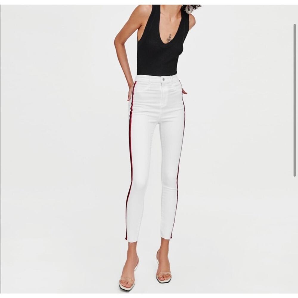 Zara Trafaluc White Skinny Jeans Side Stripe Raw Hem Size 6 / 28